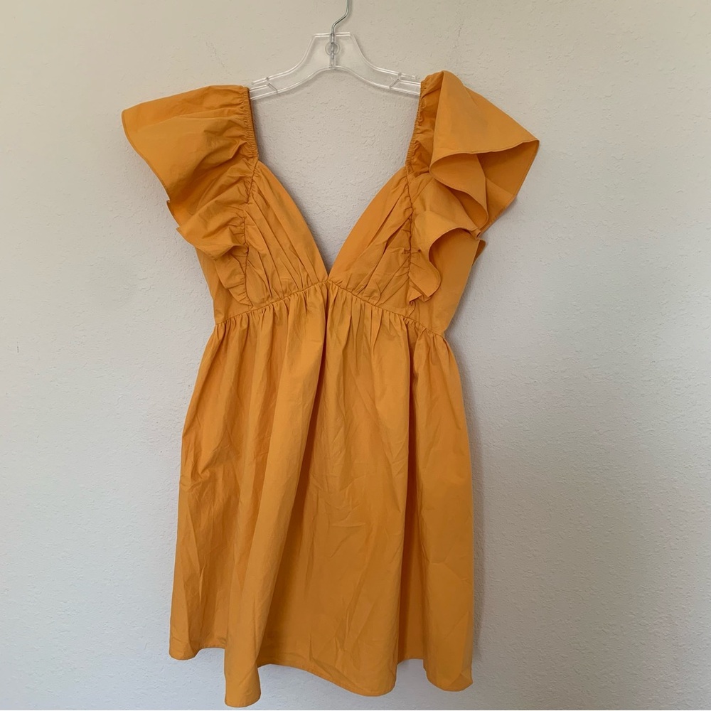 Women's Mustard Yellow Ruffle Sleeve V-Neck Dress Medium Prom Dance Easter Girly